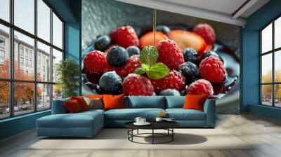 Fresh berries and mint in a bowl with syrup. Wall mural