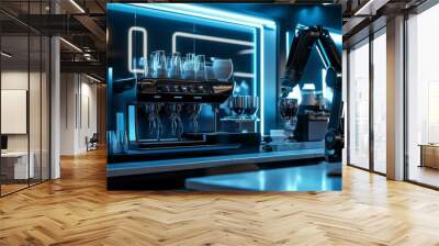 Futuristic robot barista makes coffee in a bar. Wall mural