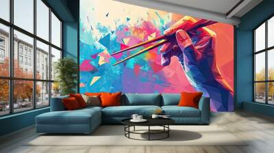 Geometric abstract with hand holding chopsticks. Wall mural