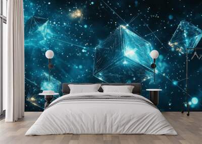 Glowing blue geometric shapes in dark space. Wall mural