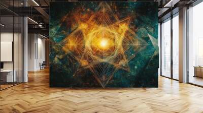 Glowing starburst geometric pattern on dark background. Wall mural