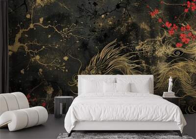 Gold dragon with red flowers on black background. Wall mural