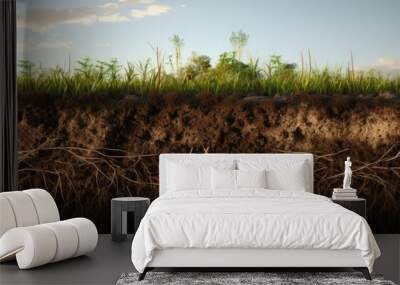 Grass earth and roots. Green grass with earth crosscut Wall mural