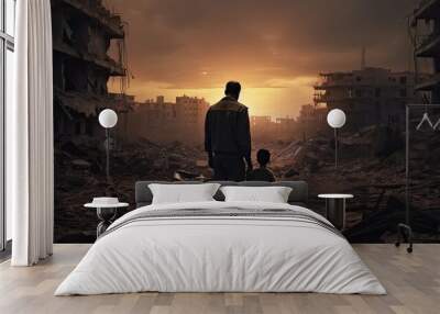 Homeless father and son walk in a destroyed city, as soldiers, helicopters and tanks still attack the city Wall mural