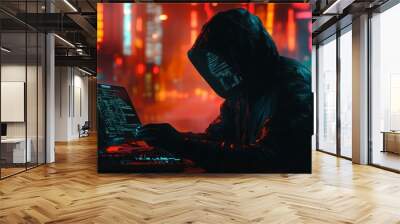 Hooded figure coding on laptop in neon city. Wall mural