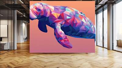 Low-poly manatee on a coral background. Wall mural