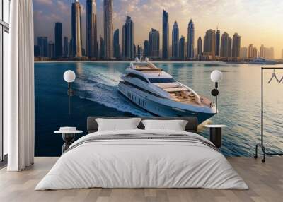 Luxury yacht cruising past Dubai skyline. Wall mural