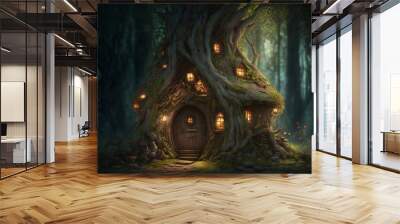 Magical fantasy fairy tale scenery of tree house at night in a forest, generative ai Wall mural