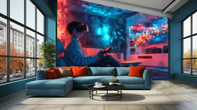 Man in VR headset plays video game. Wall mural