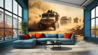 military patrol car on sunset background. army war concept. silhouette of armored vehicle with soldi Wall mural