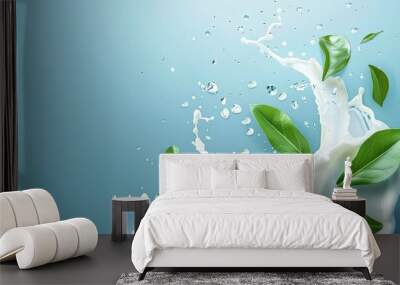 Milk Splash with Fresh Green Leaves Wall mural