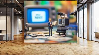 Miniature man giving news with TV and camera. Wall mural