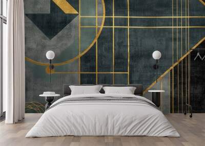 Modern Geometric Design in Gold and Blue, Contemporary Abstract Geometric Pattern Wall mural