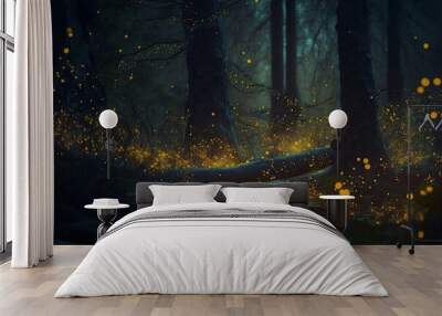 Mystical magical forest at night with glowing lights, generative ai Wall mural