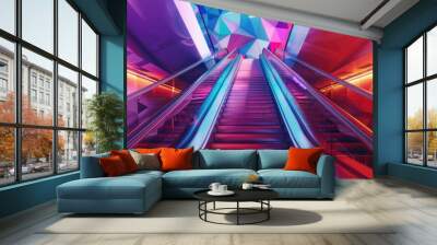 Neon escalators ascend into a colorful geometric ceiling. Wall mural