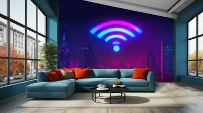 Neon wifi symbol above glowing city skyline. Wall mural