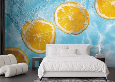 Orange slices submerged in blue water. Wall mural