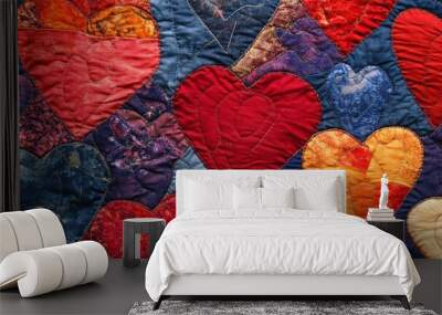 Patchwork quilt with hearts of various colors. Wall mural