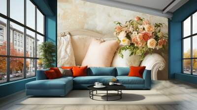 Peach roses and lace on vintage couch. Wall mural