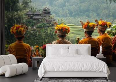 People in traditional clothing pray at a temple. Wall mural