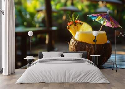 Pineapple, lime, and coconut cocktail with umbrella. Wall mural