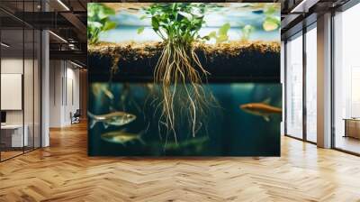 Plants with long roots underwater with fish swimming by. Wall mural