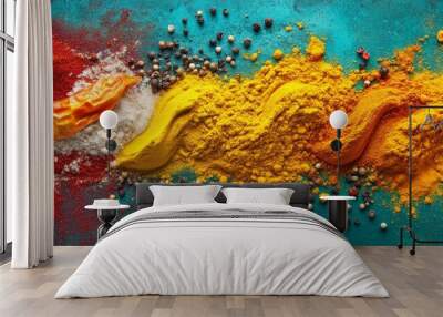 Red, yellow, and white spices on blue background. Wall mural