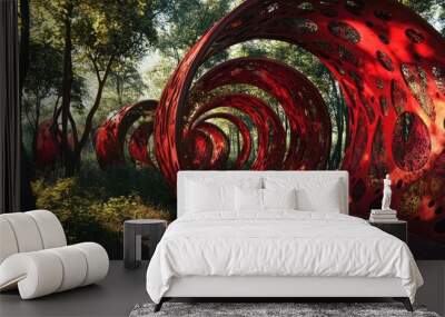 Red metal arches in a forest path. Wall mural