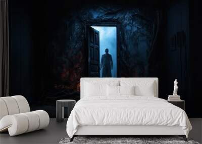 Silhouette of horror ghost inside dark room with fog and light Wall mural