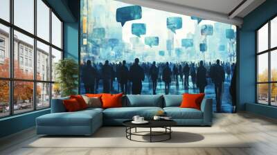 Silhouettes of people in city with speech bubbles. Wall mural