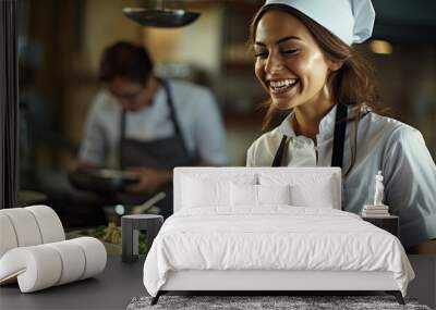 Smiling chef or waitress in apron and toque standing in restaurant Wall mural