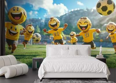 Smiling emoji soccer players on the field. Wall mural