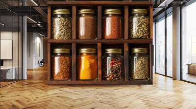 Spice jars in a wooden box. Wall mural