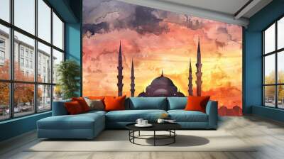 Sunset Over Iconic Mosque Silhouette Wall mural