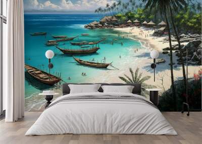 the beauty of bali beach, Idyllic tropical beach, palm, boat, blue sea, white sand Wall mural