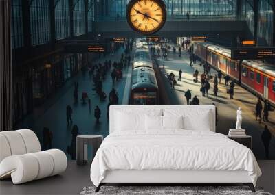 Train station with passengers and a clock. Wall mural