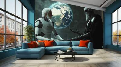 Two androids converse by an Earth globe. Wall mural