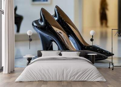 Two black high heels on marble table. Wall mural