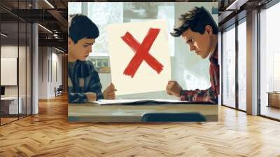 Two boys look at paper with a red X. Wall mural