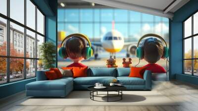 Two children with headphones near an airplane. Wall mural