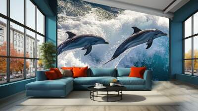 Two dolphins leap through blue ocean waves. Wall mural