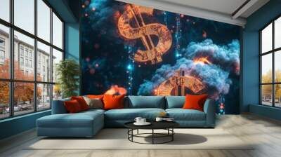 Two glowing dollar signs in clouds. Wall mural