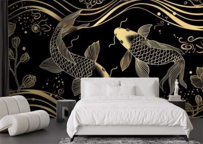 Two gold koi fish swimming in waves. Wall mural