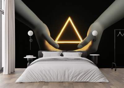 Two hands cupping glowing triangle. Wall mural