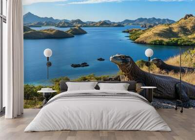 Two Komodo dragons overlooking an island bay. Wall mural