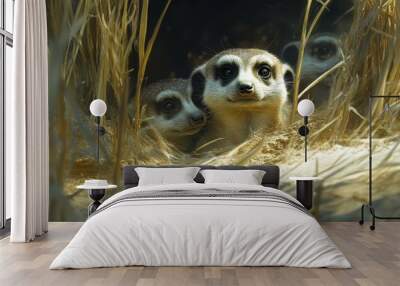 Two meerkats peeking through grass. Wall mural