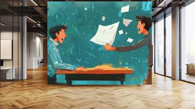 Two men arguing, one throws papers in the air. Wall mural