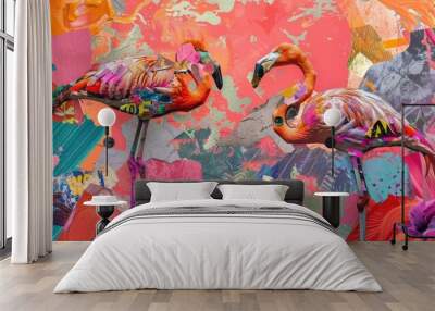 Two pink flamingos in colorful abstract art. Wall mural