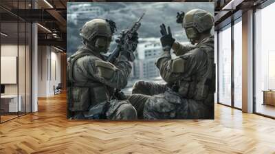 Two soldiers in combat gear on a rooftop. Wall mural