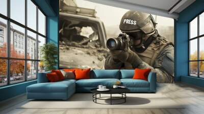 War photographer in combat helmet taking a picture. Wall mural